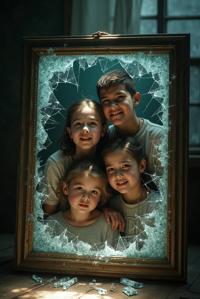 Image of a family picture inside of an broken glass