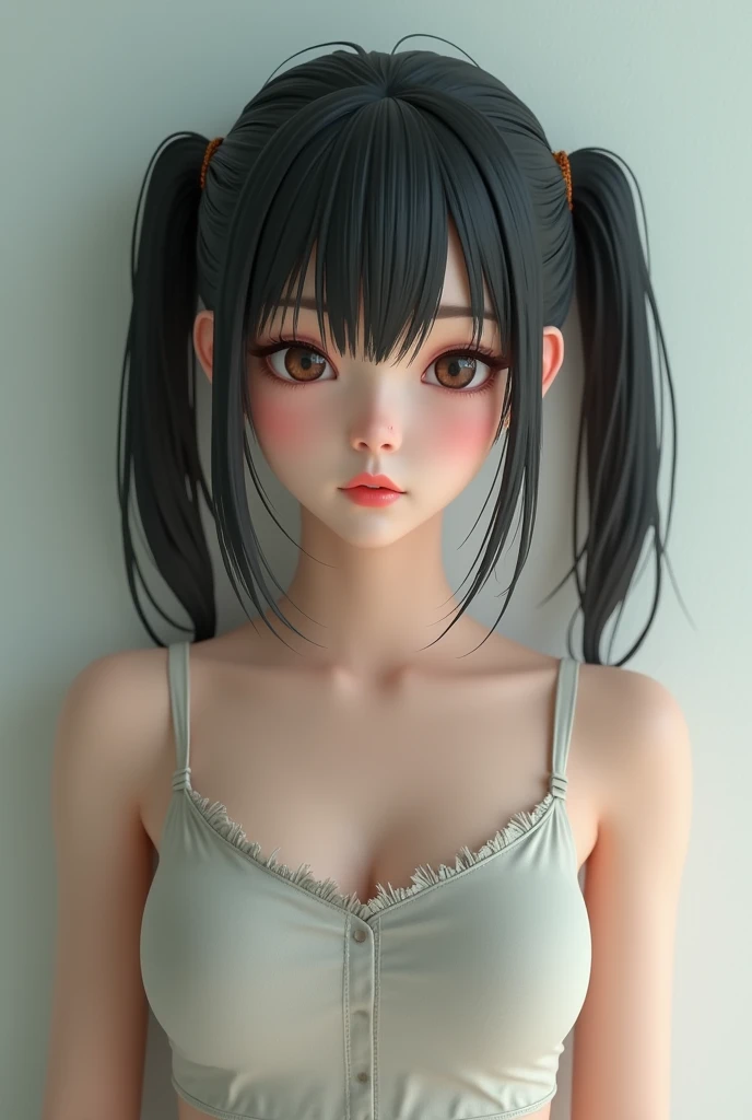 Young Japanese Woman、Twin tails、3D Reality、looking at my nipples