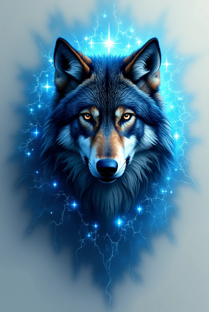 A shirt with a wolf&#39;s face on the bottom left with a blue aura around the wolf. 