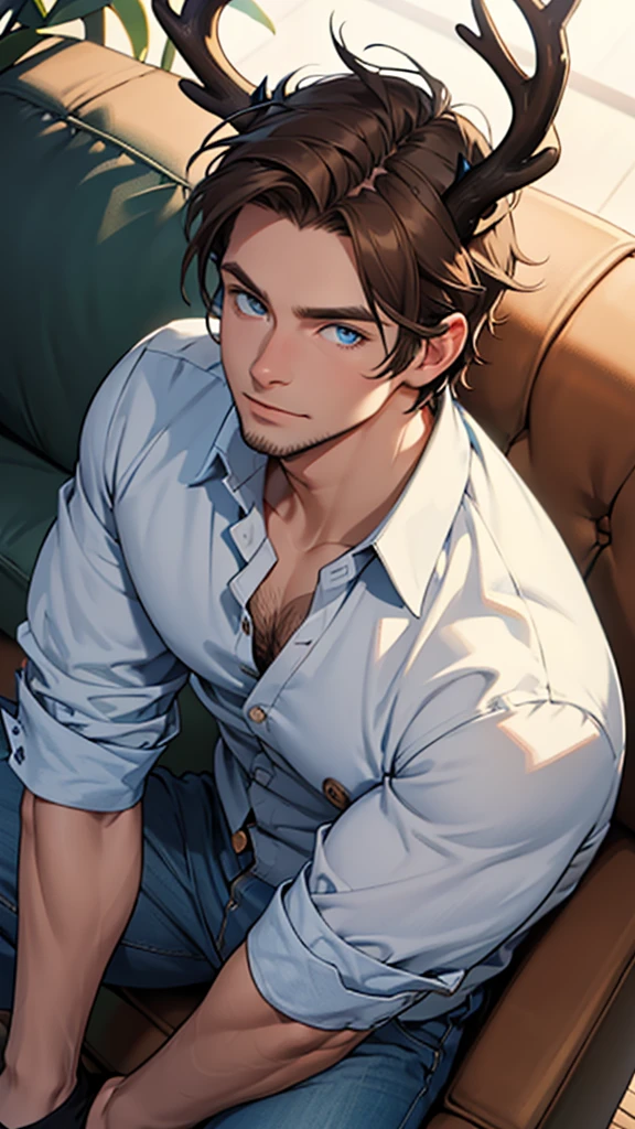 30 year old man, high, Brown hair, deer horns and ears, blue eyes, casual pants, button-up shirt, epic, masterpiece, without errors.