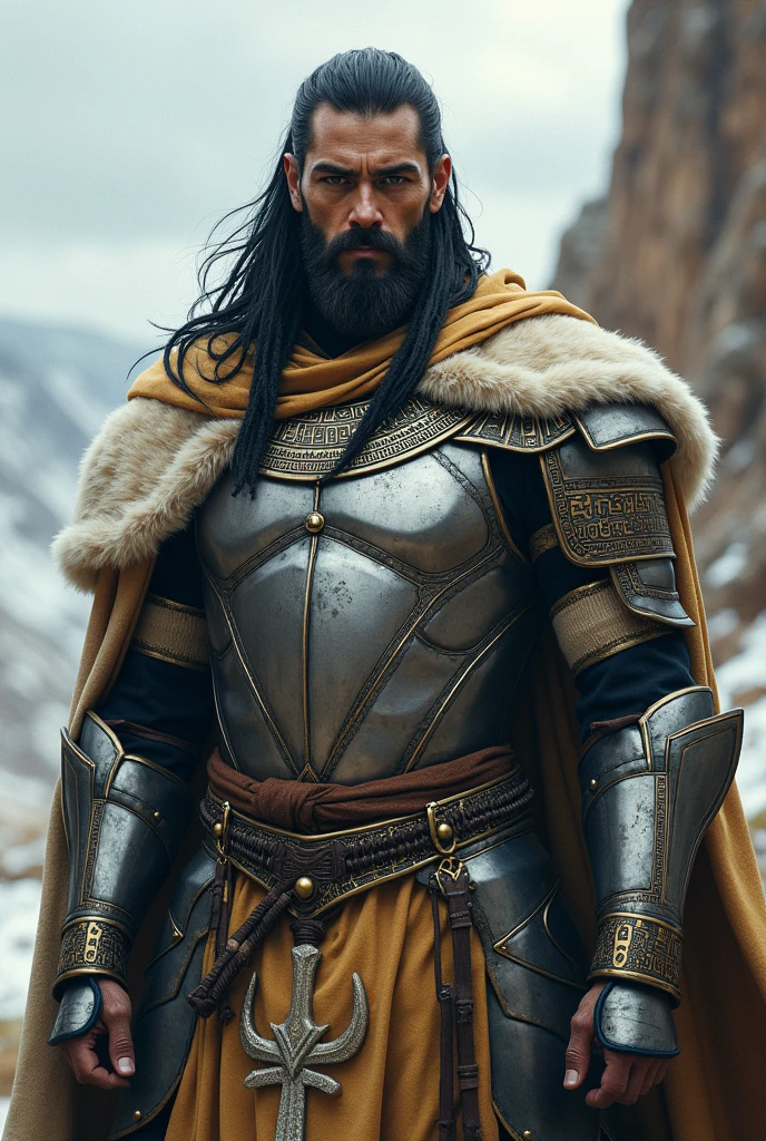 Medieval warrior with Egyptian features with silver armor and polar bear skin cape
