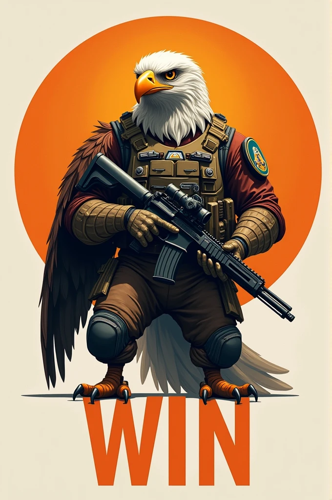 In an orange circle create an eagle dressed as a special commando with a gun and the word Win at the bottom