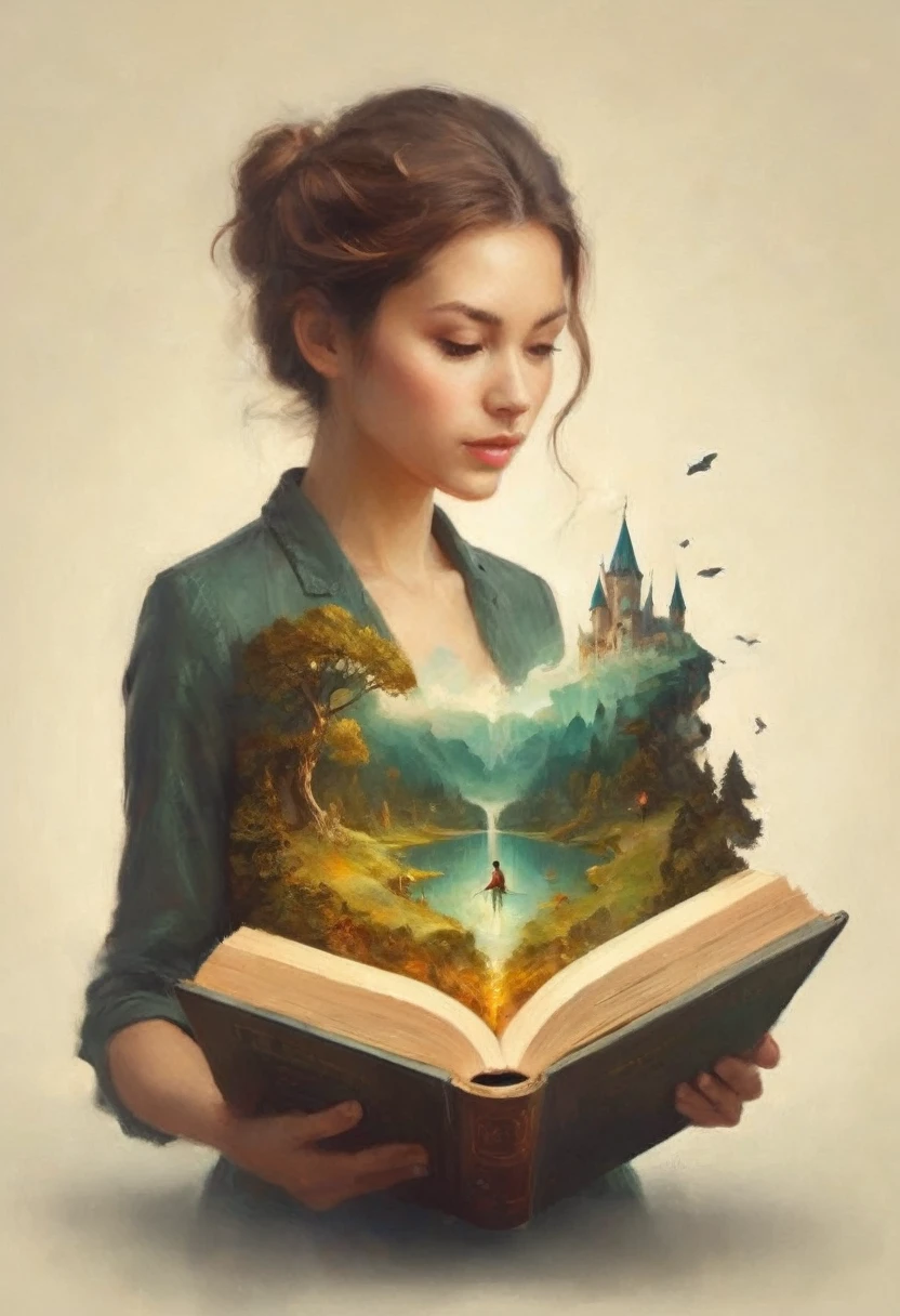 Hyperreal digital art style, "Fairytale", fantasy world coming out of centered book, open book, hyperdetailed double exposure fantasy illustration, masterpiece, cinematic, by Andreas Lie, Luke Gram, photorealism, backlit, gorgeous light