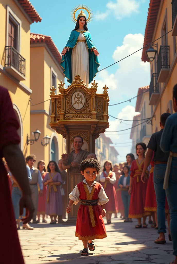 A child participating in a procession where the Virgin of the Rosary is being carried on a platform