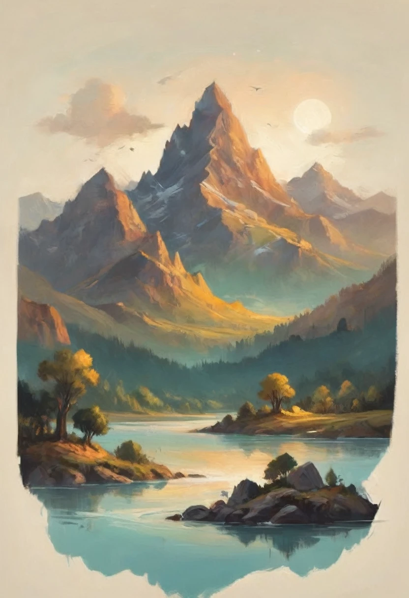 impressive painting of a mountain with trees and water, a detailed painting by Petros Afshar, shutterstock contest winner, environmental art, detailed painting, outlined art, 2d game art, isolated background for logo, strong contours, logo design