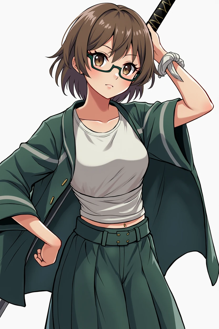 adolescent, women, Brown hair, brown eyes, short hair, glasses, green skirt, white t-shirt, green and light blue, with a sword on his back, bandages on his stomach, handkerchief tied around her arm, anime, 4k, White background