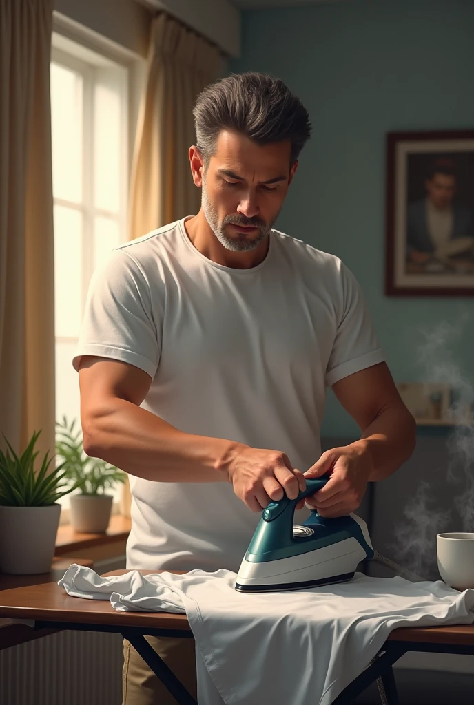 A man ironing a shirt at home like professional with a normal iron not a steam iron