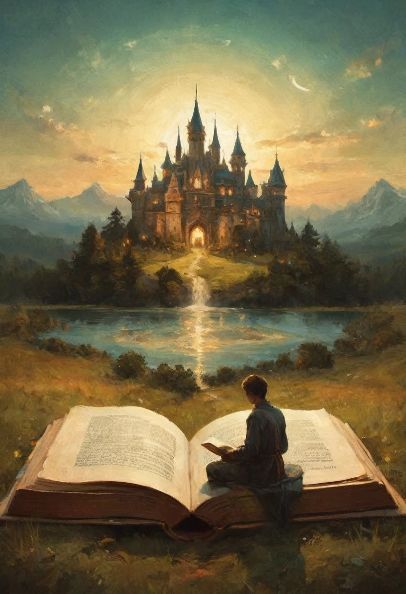Hyperreal digital art style, "Fairytale", fantasy world coming out of centered book, open book, hyperdetailed double exposure fantasy illustration, masterpiece, cinematic, by Andreas Lie, Luke Gram, photorealism, backlit, gorgeous light