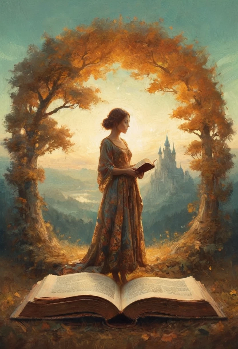 Hyperreal digital art style, "Fairytale", fantasy world coming out of centered book, open book, hyperdetailed double exposure fantasy illustration, masterpiece, cinematic, by Andreas Lie, Luke Gram, photorealism, backlit, gorgeous light