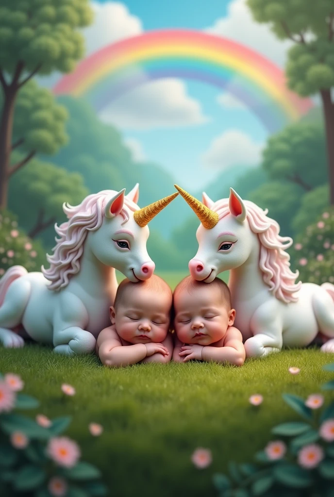 Two twin baby girls lying on their stomachs in the grass surrounded by unicorns, the glittering horns and the head leaning forward on the baby girls with a magical landscape in the background : trees and rainbow