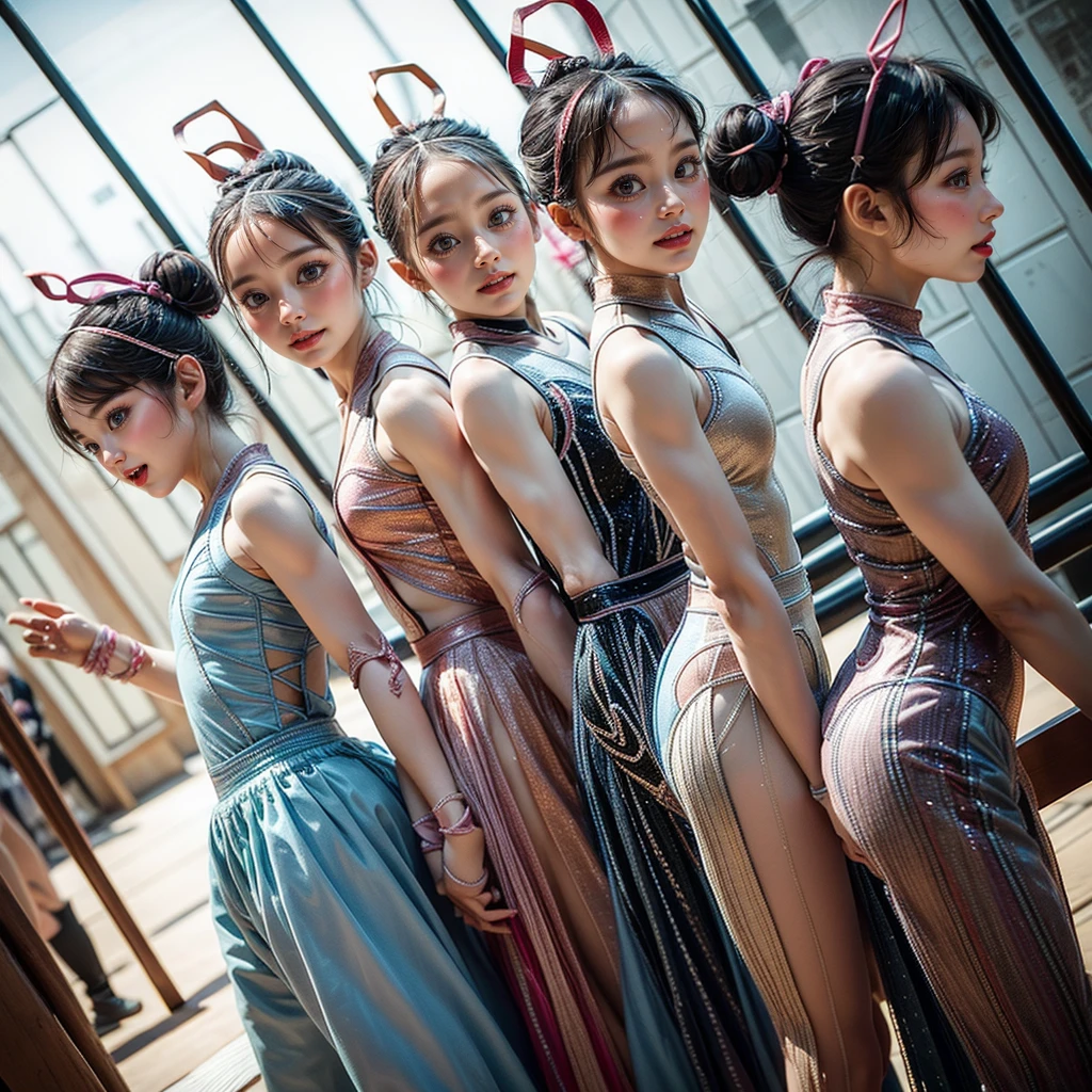 ExtremelyDetailed (((Rhythmic Gymnastics Team Kawaii Kids in a row:1.4))), Childish perfect face, Reflective Eyes, Detailed(Delicate Clothing textures), Corrected Leg to Foot Line, Corrected Childish Hand, Dynamic Joyful Expressions LifeLike Rendering, ((Specular Reflection:0.8)), TopQuality 8K Ultra-detailed masterpiece (ProfessionalPhoto:1.37)(Acutance:0.8),(Luminism:1.28), facing away (from side ) Assfocus