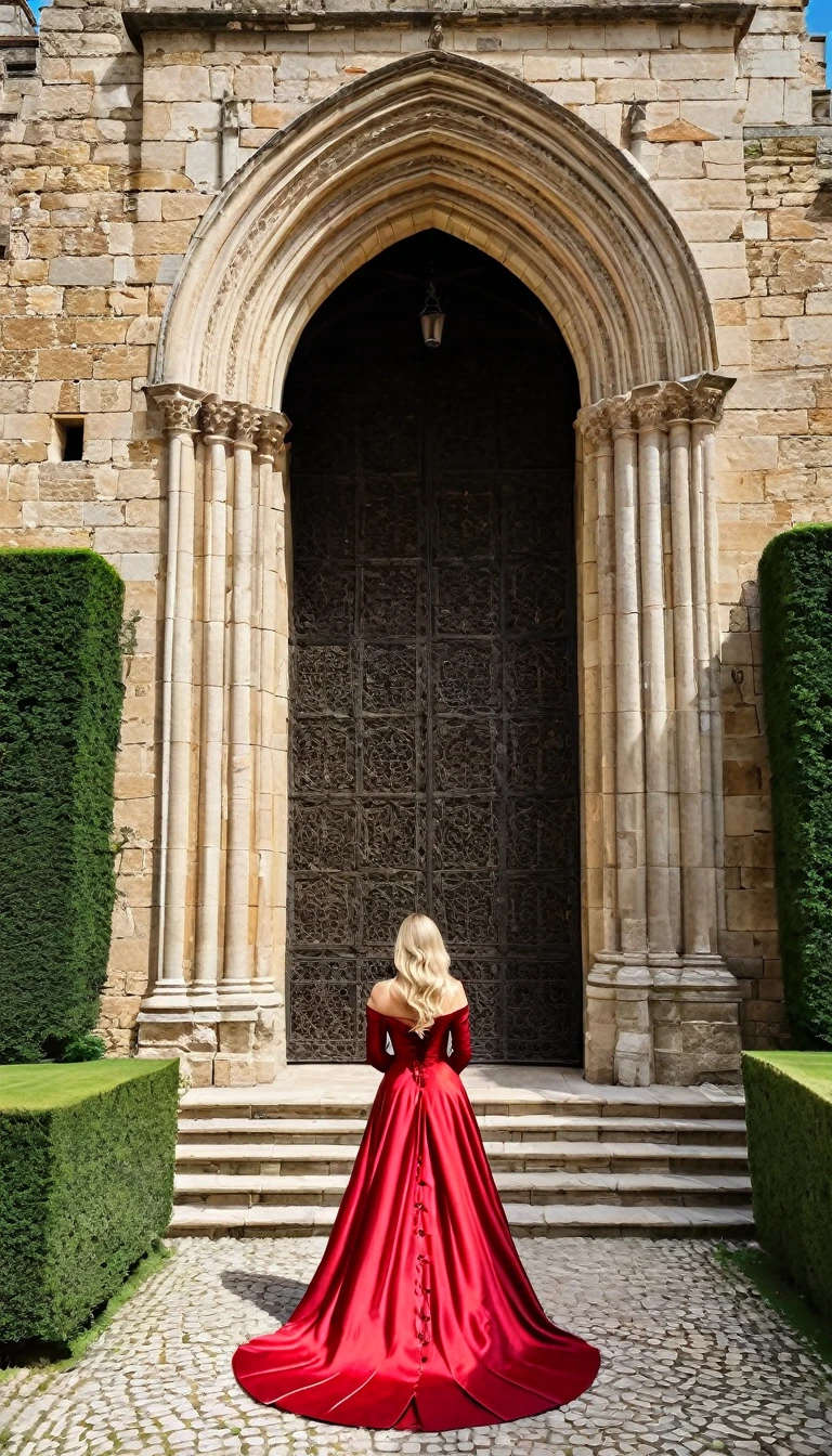 A blonde woman in medieval red dress standing in a grand castle with tall, stone walls and tapestries.