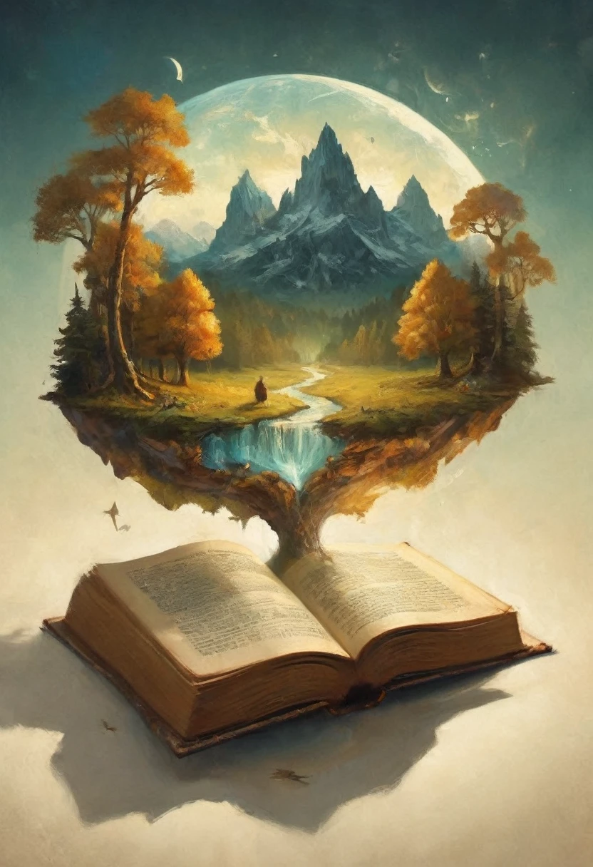 Hyperreal digital art style, "Fairytale", fantasy world coming out of centered book, open book, hyperdetailed double exposure fantasy illustration, masterpiece, cinematic, by Andreas Lie, Luke Gram, photorealism, backlit, gorgeous light