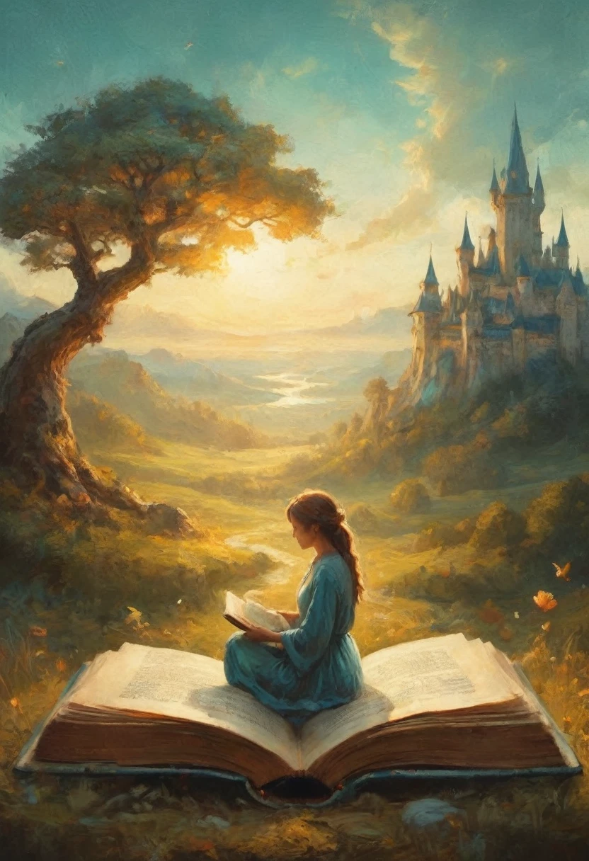Hyperreal digital art style, "Fairytale", fantasy world coming out of centered book, open book, hyperdetailed double exposure fantasy illustration, masterpiece, cinematic, by Andreas Lie, Luke Gram, photorealism, backlit, gorgeous light