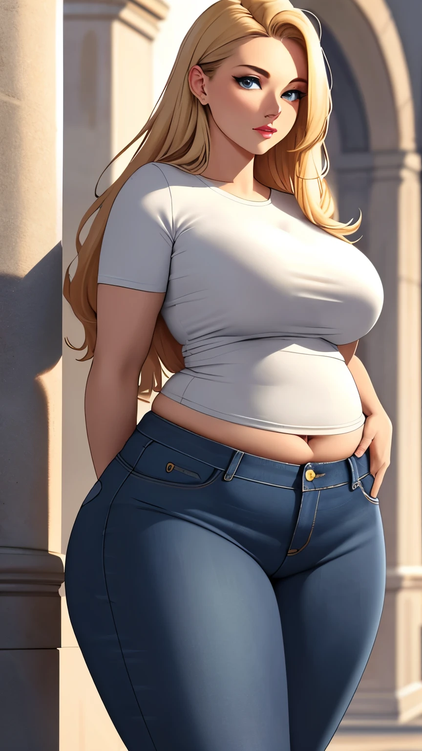 (masterpiece), (Highest quality), (detailed), (High resolution), Swedinavian cute girl, Slightly curvaceous, Wide Hips, curvy stomach, university student, Stockholm Castle, Loose jeans and a white shirt, Dirty Blonde
