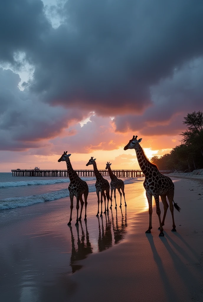 araffes on the beach at sunset with a pier in the background, with dramatic sky, sky setting, sea and sky, stormy clouds on the horizon, overcast dusk, sunset with cloudy skies, cloudy sunset, day setting, beautiful late afternoon, overcast dawn, taken with sony alpha 9, nice slight overcast weather, blue sky at sunset, a photo of the ocean