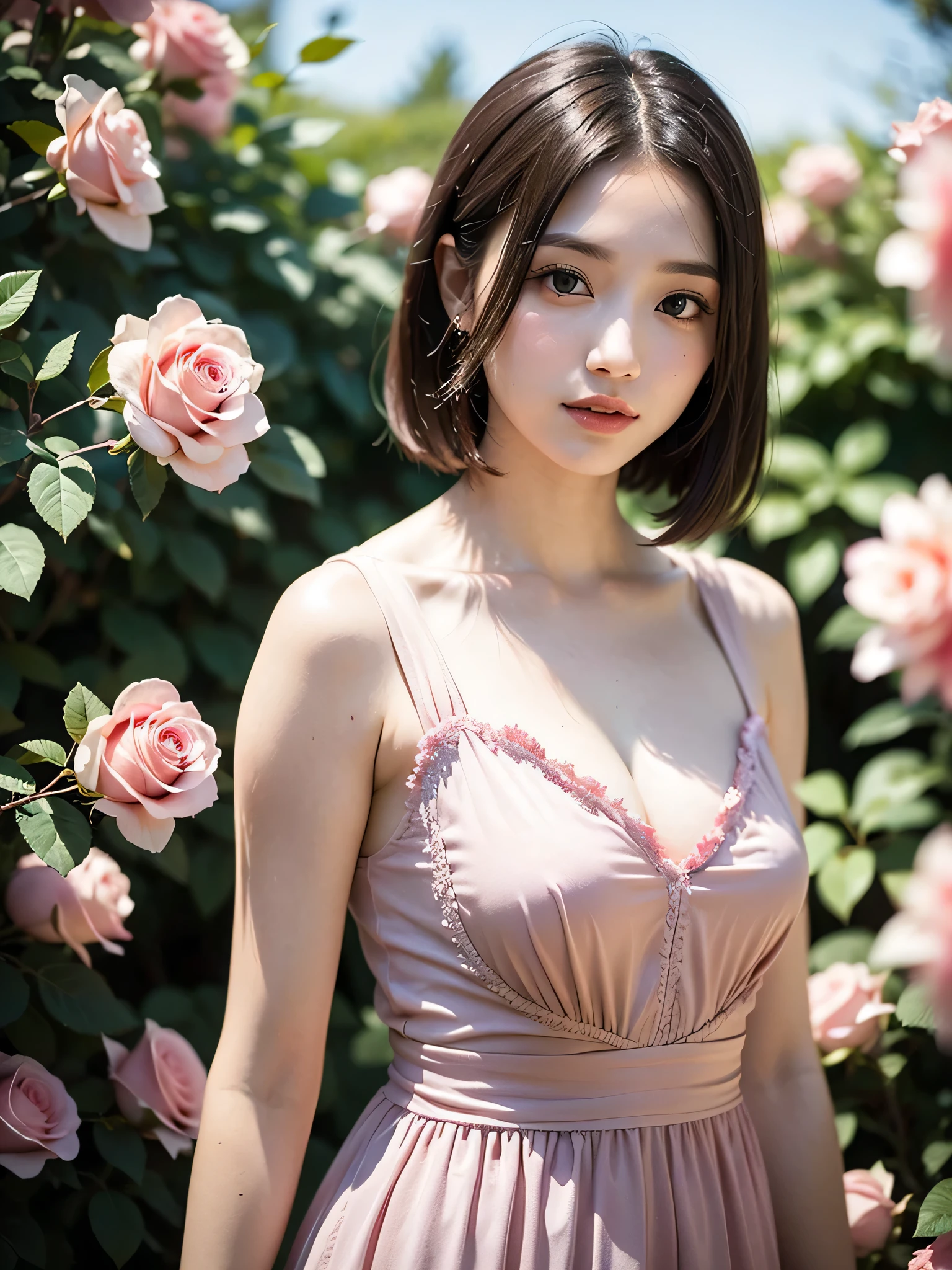 8k, RAW photo, Fujifilm, style photo of a beautiful young woman as avril in a garden of light pink roses (highly detailed skin: 1.2) Style-Petal BREAK short hair, blonde hair with colored locks, wearing a dress, film granulation, 35mm, cute style