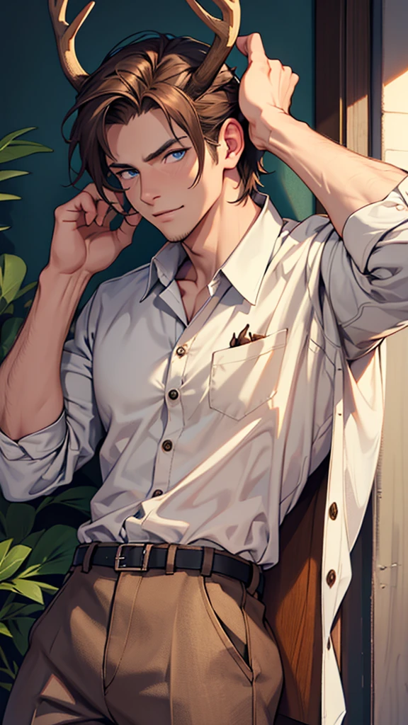 30 year old man, high, Brown hair, deer horns and ears, blue eyes, casual pants, button-up shirt, epic, masterpiece, without errors, deer hybrid.