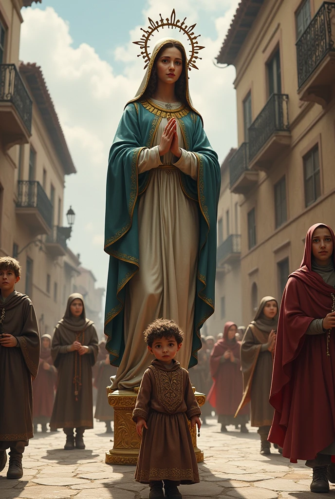 A participating in a procession where the Virgin of the Rosary is being carried
