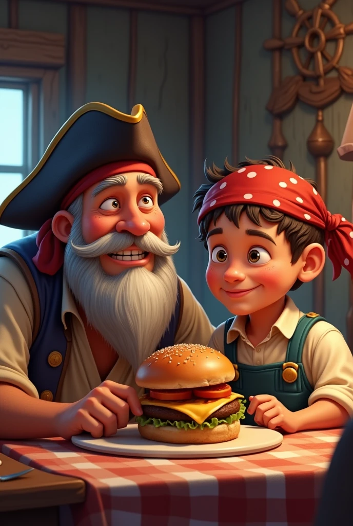 I need a happy pirate father and son eating a homemade burger 