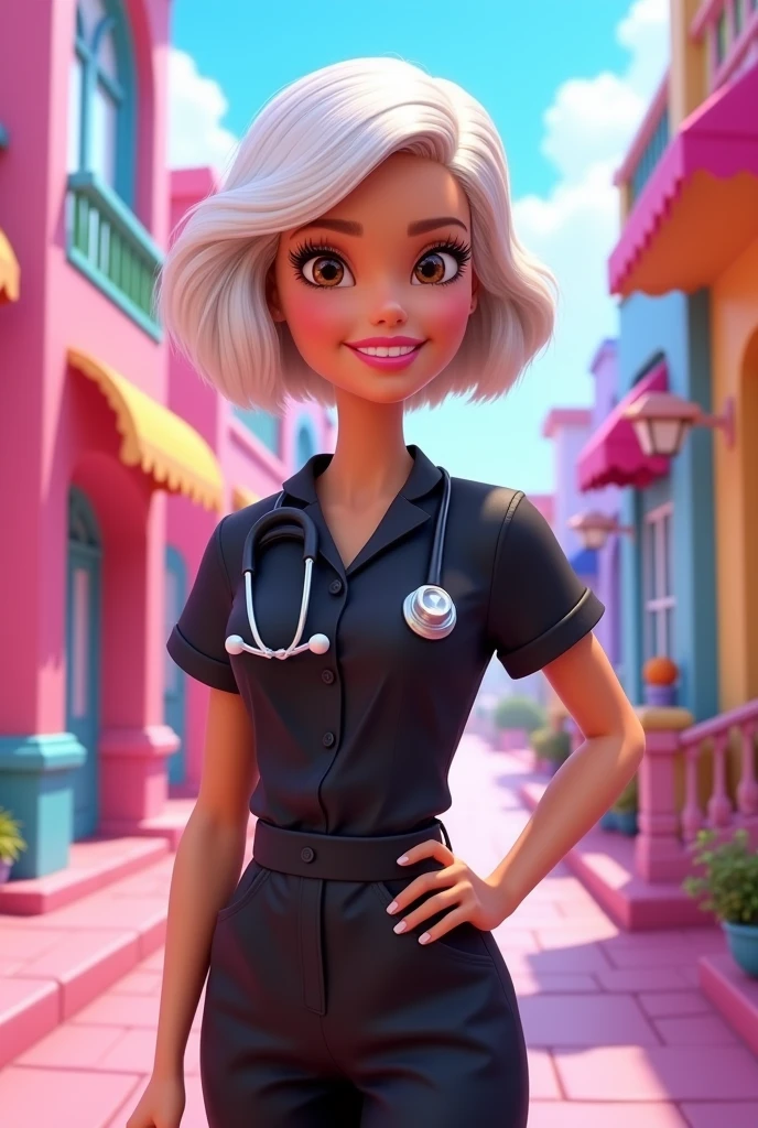 Cartoon image of the Barbie movies, a Barbie doctor with brown eyes, short white hair, and a black medical suit