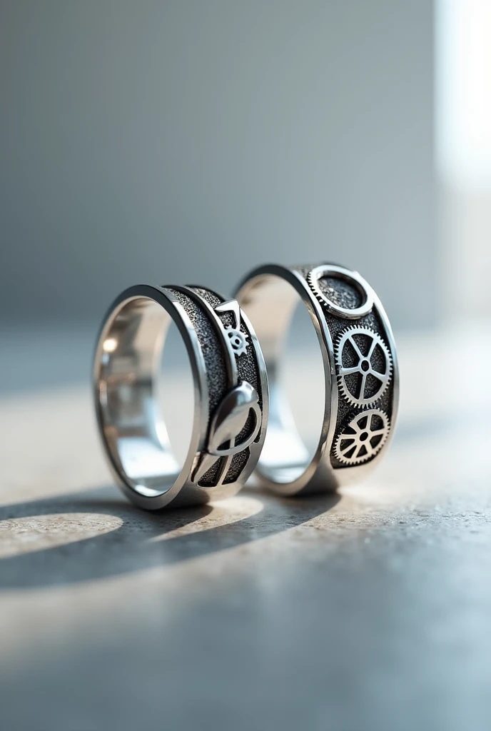 Two silver rings created with cutting-edge technology, with gears representing a bird and a cage, fine and delicate, as well as thin for men