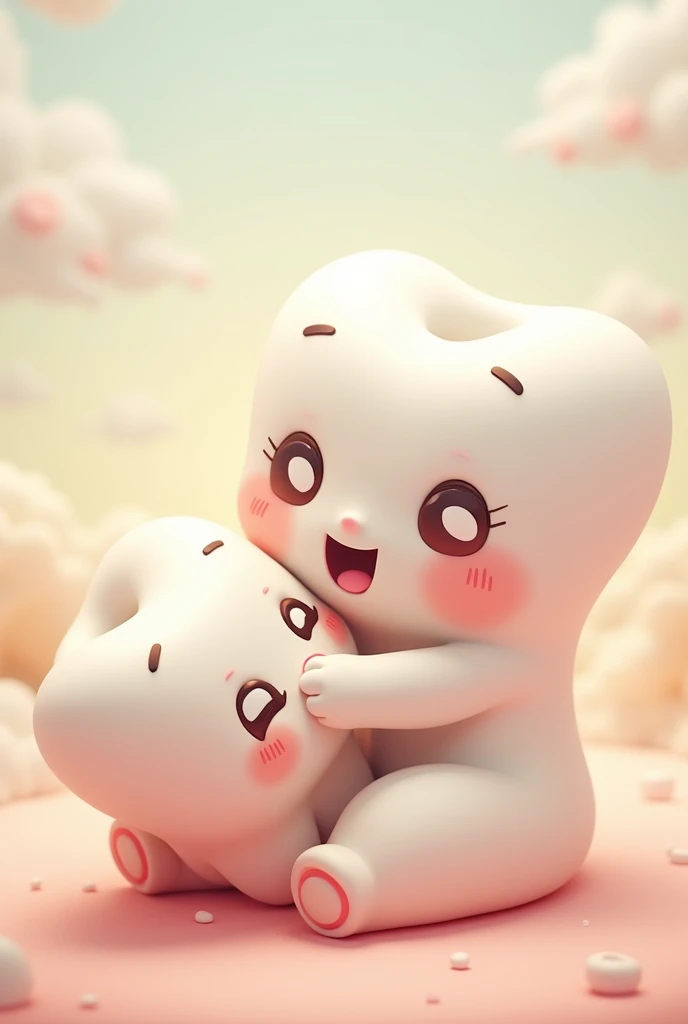 Baby tooth cartoon with his mom tooth breastfeeding in pastel colors