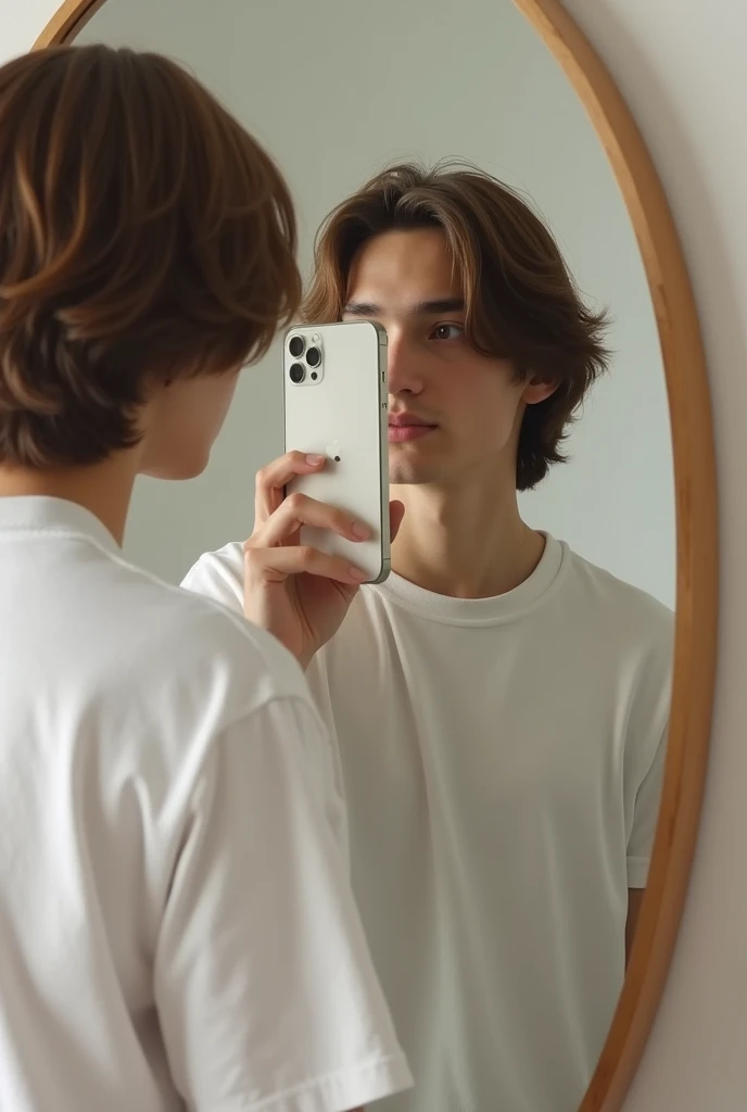 Photograph in front of the mirror of a 22-year-old white-skinned young man, delgado, face in front of mirror covering face with white iPhone 13 wearing casual clothes in neutral room with brown hair, straight.