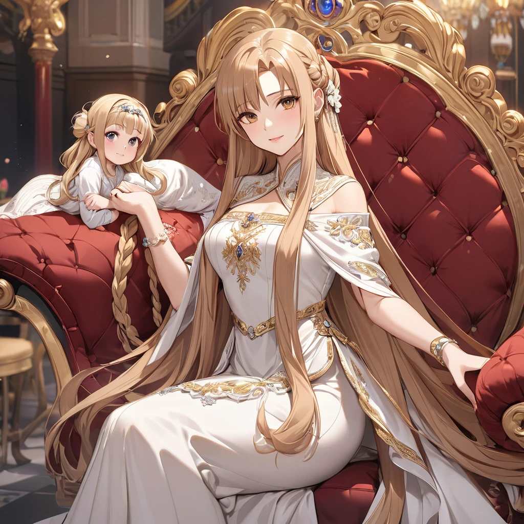 ((Highest quality)), ((masterpiece)), (detailed), （Perfect Face）、The woman is Yuuki Asuna, a Russian with light brown, medium-long hair, an elegant, graceful, beautiful Russian noblewoman, a good wife and mother, and the Empress of the Great Russian Empire.、The woman is beautifully dressed in the gorgeous and glittering gold-colored Russian court dress of an ancient Russian empress, with gorgeous accessories, and a beautiful and luxurious kokoshnik.、The woman grew beautiful on the luxurious sofa of the palace.１Holding her four-year-old daughters