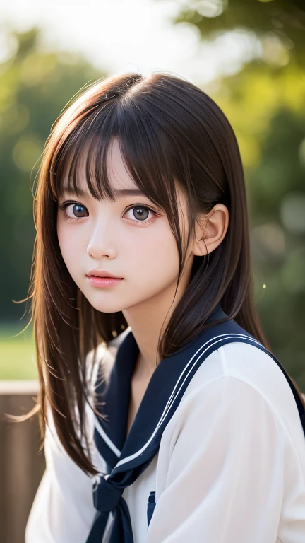 One Girl,(1人のとてもcute女の子:1.3),masterpiece,highest quality,High resolution,beautiful girl,(18years old:1.3),cute,Big eyes,(detailed pupils:1.2),(The face is facing straight ahead:1.3),Body facing forward,Beautiful nose,Fuller lips,Short black hair,ponytail,short hair,Detailed eyelashes,Thin eyebrows,Very fine grain definition,(Symmetrical eyes:1.3),(Face close-up,Face Focus:1.0),Sailor suit,Student style,Portrait,View Viewer,Cinema Lighting,High resolution,Very detailed