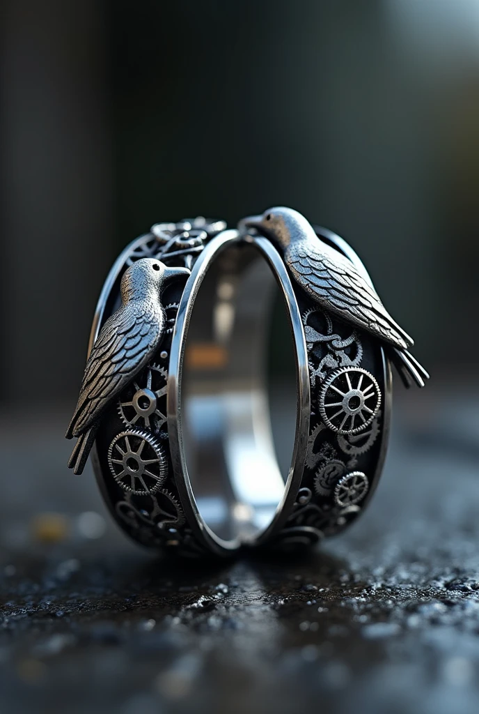 Two silver rings created with cutting-edge technology, with gears representing a bird and a cage, fine and delicate, as well as thin for men