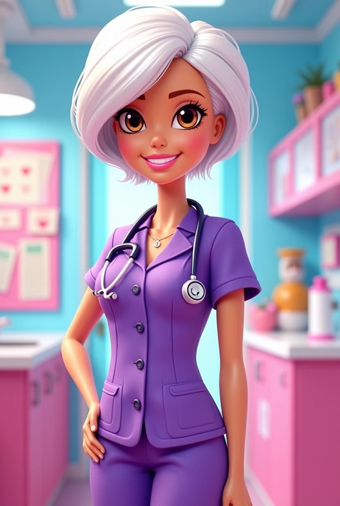 Cartoon image from the Barbie movies, a Barbie doctor with brown eyes, short white hair, and a purple medical suit