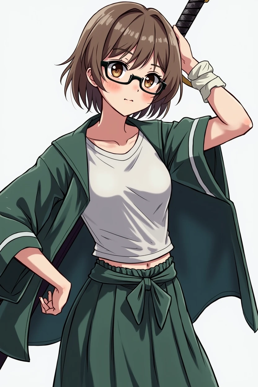adolescent, women, Brown hair, brown eyes, short hair, glasses, green skirt, white t-shirt, green and light blue, with a sword on his back, bandages on his stomach, handkerchief tied around her arm, anime, 4k, White background