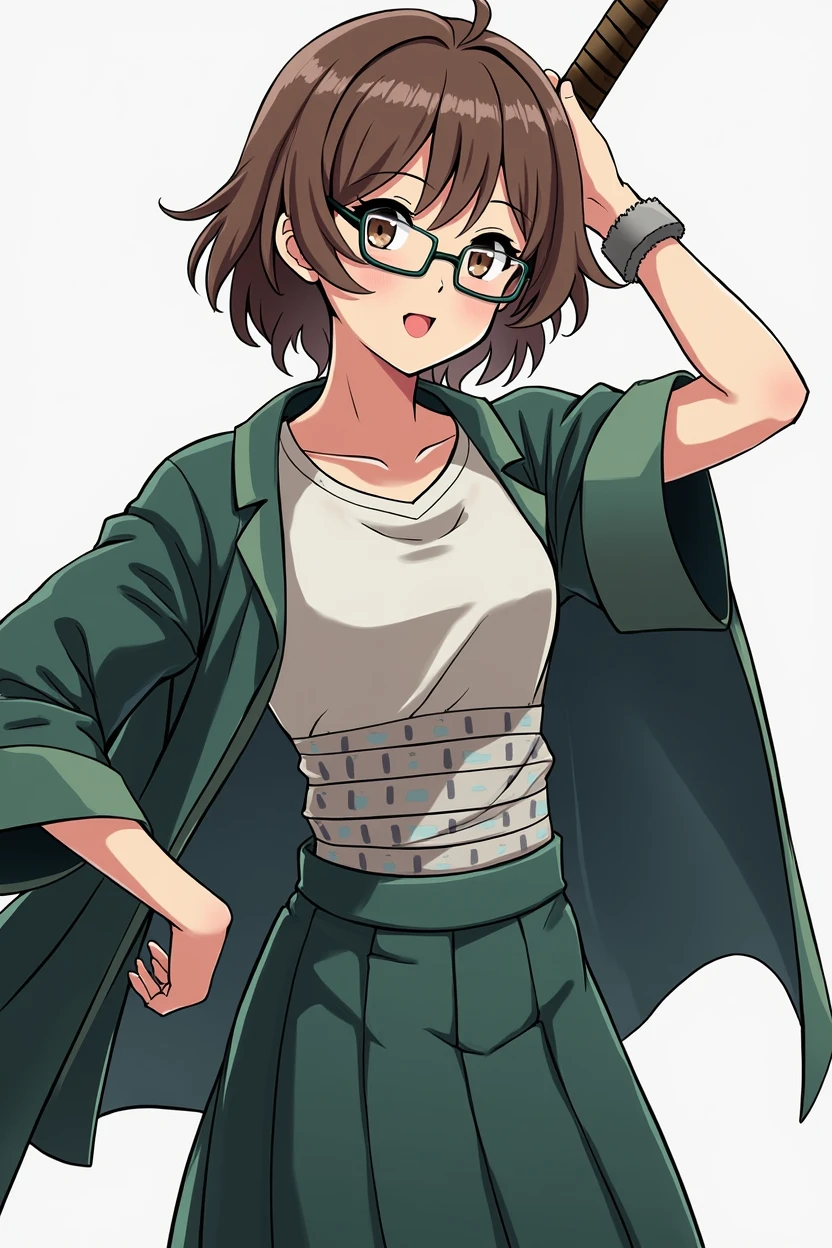 adolescent, women, Brown hair, brown eyes, short hair, glasses, green skirt, white t-shirt, green and light blue, with a sword on his back, bandages on his stomach, handkerchief tied around her arm, anime, 4k, White background