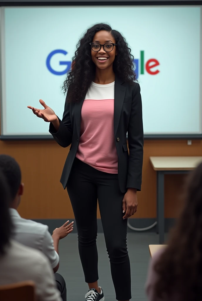A black Brazilian woman with black hair giving a lecture showing the Google icon on a whiteboard, wearing a pink and white t-shirt with a black suit and ALL Star sneakers and wearing prescription glasses, showing off your natural charm and outgoing personality