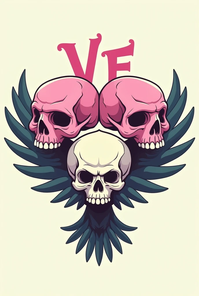 4 skulls, 2 on top and 2 on the bottom, with the letters VE behind them, as if it were an eagle. The top skull must be pink, all in cartoon style.