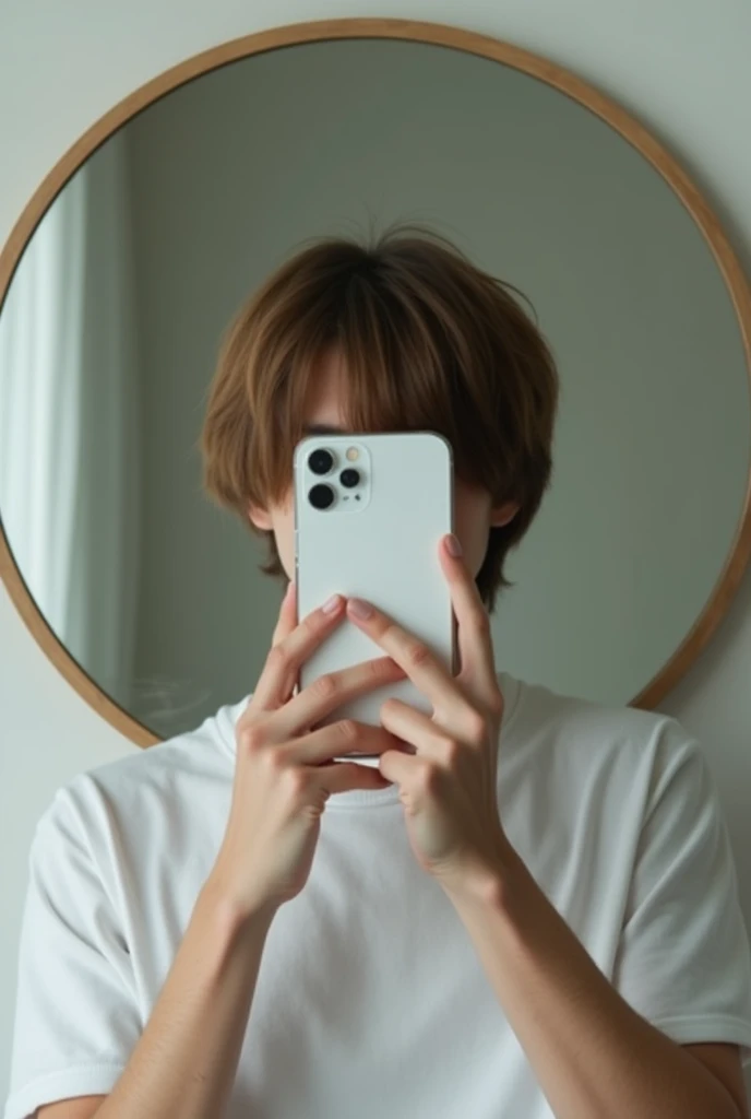 Photograph in front of the mirror of a 22-year-old white-skinned young man, delgado, face in front of mirror covering face with white iPhone 13 wearing casual clothes in neutral room with brown hair, straight , nothing wavy.