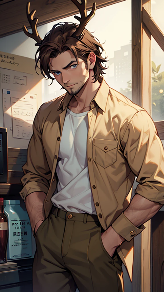 30 year old man, high, Brown hair, deer horns and ears, blue eyes, casual pants, button-up shirt, epic, masterpiece, without errors, deer hybrid, Without beard, deer ears, deer ears, deer ears