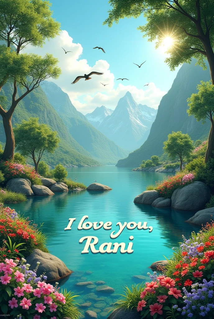 A beautiful place with many trees and flower, bird, mountain,and write a sentence ( I love you Rani) on the center with water
