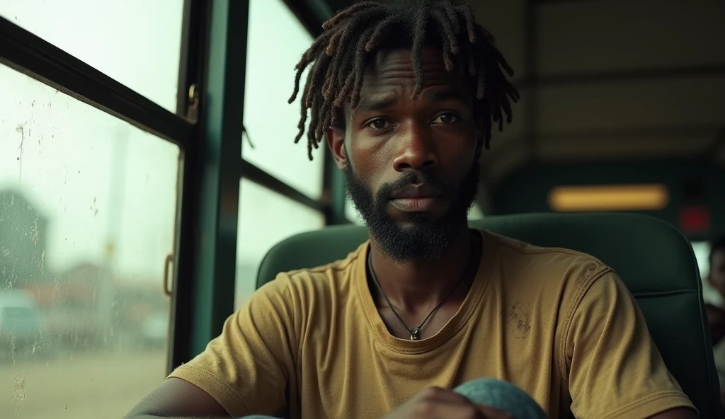 Nigerian man, scattered hair, tattered beards, sitting in a bus, holding his bag tight relocating to Lagos State. Looks of horror in his eyes. He's wearing a round neck dirty polo shirt and looks mentally unstable.