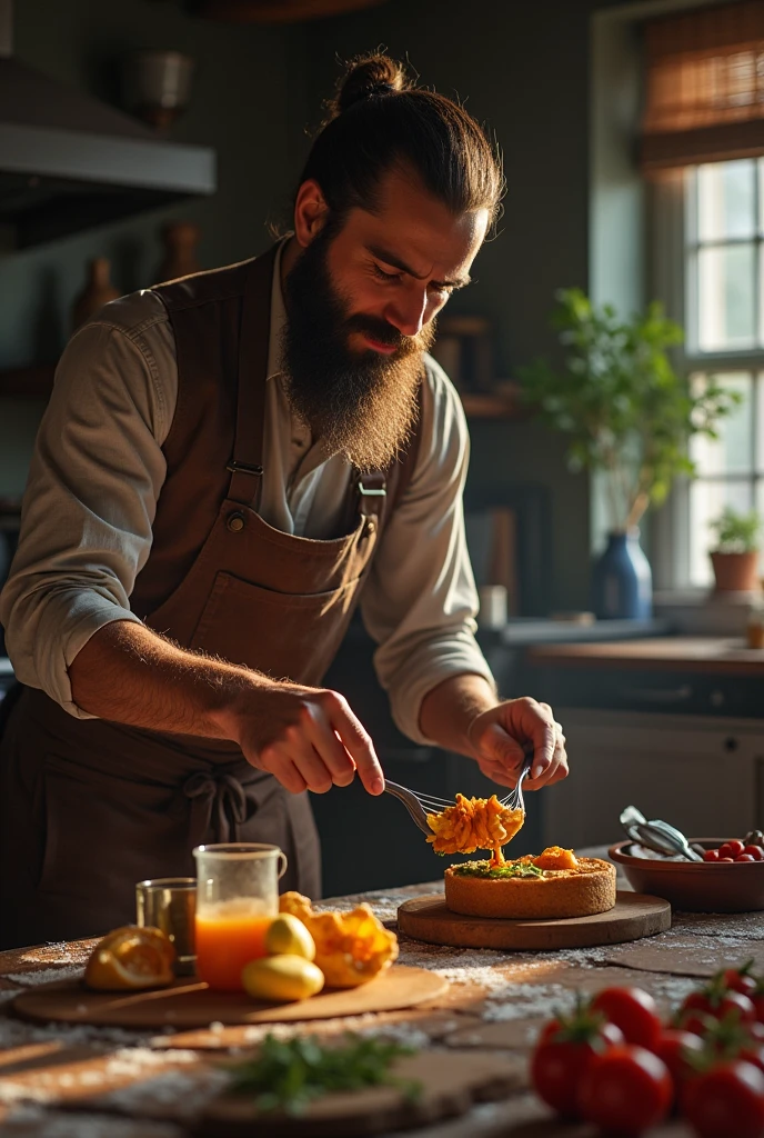 A warrior making breakfast