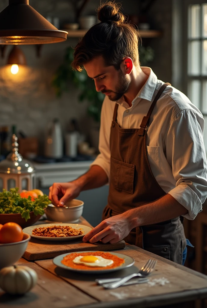 A warrior making breakfast