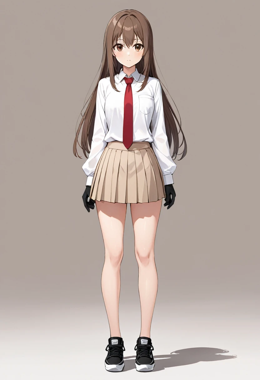 Beige miniskirt , Black sneakers , beige skirt , pleated skirt , whole body , thighs , brown hair , brown eyes , straight hair , bare legs , face , Black gloves , White shirt , standing posture , , red tie , long sleeves