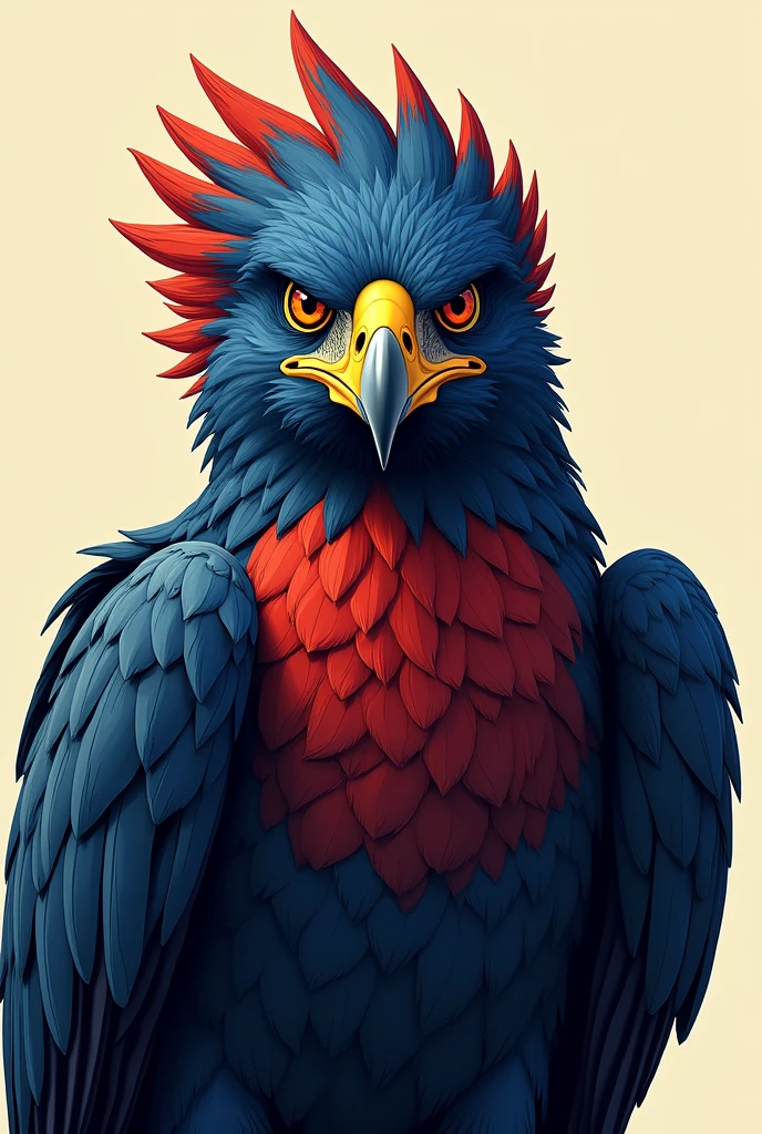 Front view of a harpy eagle with navy blue tones, red, and yellow