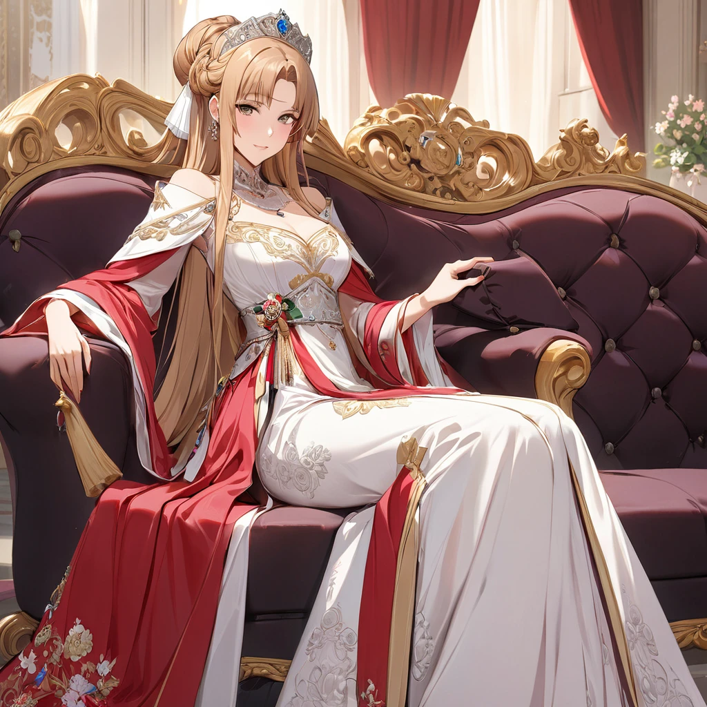 ((Highest quality)), ((masterpiece)), (detailed), （Perfect Face）、The woman is Yuuki Asuna, a Russian with light brown, medium-long hair, an elegant, graceful, beautiful Russian noblewoman, a good wife and mother, and the Empress of the Great Russian Empire.、The woman is beautifully dressed in the gorgeous and glittering gold-colored Russian court dress of an ancient Russian empress, with gorgeous accessories, and a beautiful and luxurious kokoshnik.、The woman grew beautiful on the luxurious sofa of the palace.１Holding her 6-year-old son