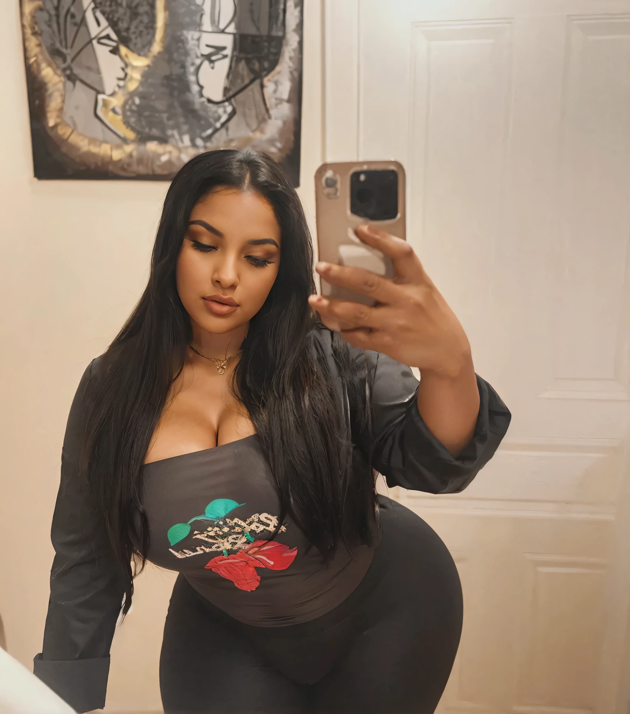 Arabic Woman, beautiful, sexy girl, ultra realistic, young woman, large ass, big bouncy ass, very sexy, Alluring, Tempting,  high camera angle, skinny curvy

Egyptian girl, long hair down to waist, eyes closed shut, darker skin, black nail polish, hour glass figure, facing viewer, coal black eye shadow

Pleasure expression, short torso, pleasure facial expression, mouth open wide, dark black eyeliner, mascara, eyelids black, very long shiny straight black hair

Short upper body, Egyptian arab, facing viewer, woman looking up, thick thighs, plump lips, looking down at woman, eyes closed

Big soft ass, Egyptian, beautiful Arabic woman, slender face, amazing cheek bones, curvacious, vuluptuous woman, wide hips, thick voluptous thighs

A round gold pendant necklace

Romantic mansion fireplace background, lanterns, lit by lanterns, campfire lighting
Laying down beside the fireplace on a white fur rug

(Top view: 1.2) 

High camera angle pointing downward at the subject

Very long shiny black hair down to waist

Darker skin tone

Long eyelashes

Very long straight shiny black hair down to hips

Wide hips, thin waist and fat thighs

Wide hips, thin waist, a fat round ass with cellulite, fat thighs

(Very short and curvy woman, very very short woman
Make woman 150 cm, 5ft tall)
Make womans stomach shorter in length, short abdomen

38 GG droopy breasts: 1.3

Short curvy cellulite body

(Very big natural sagging breasts, soft cellulite)

Plus size woman is very short in height and curvy

HEIGHT OF WOMAN IS 150CM, VERY SHORT IN HEIGHT

Very curvy hour glass shape, short and curvy, short legs, short abdomen and stomach

(gigantic breasts, large breasts, huge breasts:1.3)

Plus size woman, abit of cellulite all over body

Perfect cheek bones, sunken cheeks

Huge ass and wide hips

Soft and squishy breasts

Beautiful face, model look, plump full lips

Wearing a black choker

150 cm tall, woman is very short and curvy 

Big lips

Darker skin

Wearing a black bodysuit