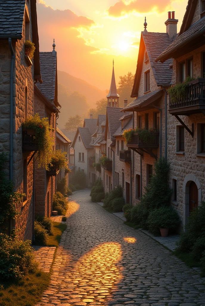 "Cinematic photograph of a medieval village at sunrise, ultra-high resolution, photorealistic details, soft golden lighting of the early morning sun, intricate architectural details on stone houses and cobblestone streets, realistic textures and shadows, wide-angle perspective to capture the village layout, high dynamic range to enhance colors and depth"