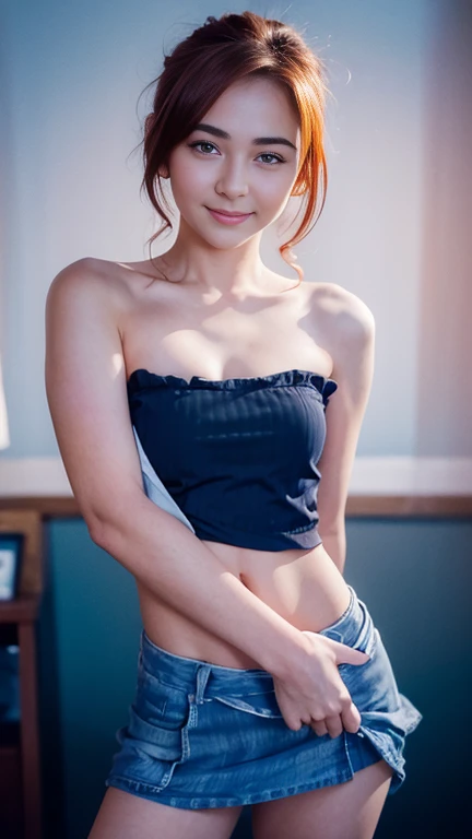 Masterpiece, Best quality, 8k, 18 years old, Raw photo, absurd, Award-winning portrait, smile, smile, pure, , ((ombre)), small and perky breast, blue eyes, offshoulder, ((open waist)), ginger hair, mini skirt