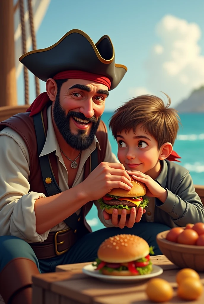 I need a happy pirate father and son eating a homemade burger, now something more realistic, they are enjoying a delicious burger in celebration of Father's Day