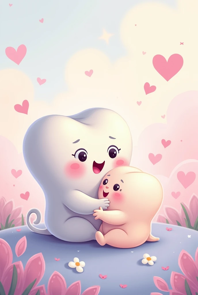 Baby tooth cartoon with his mom tooth breastfeeding in pastel colors